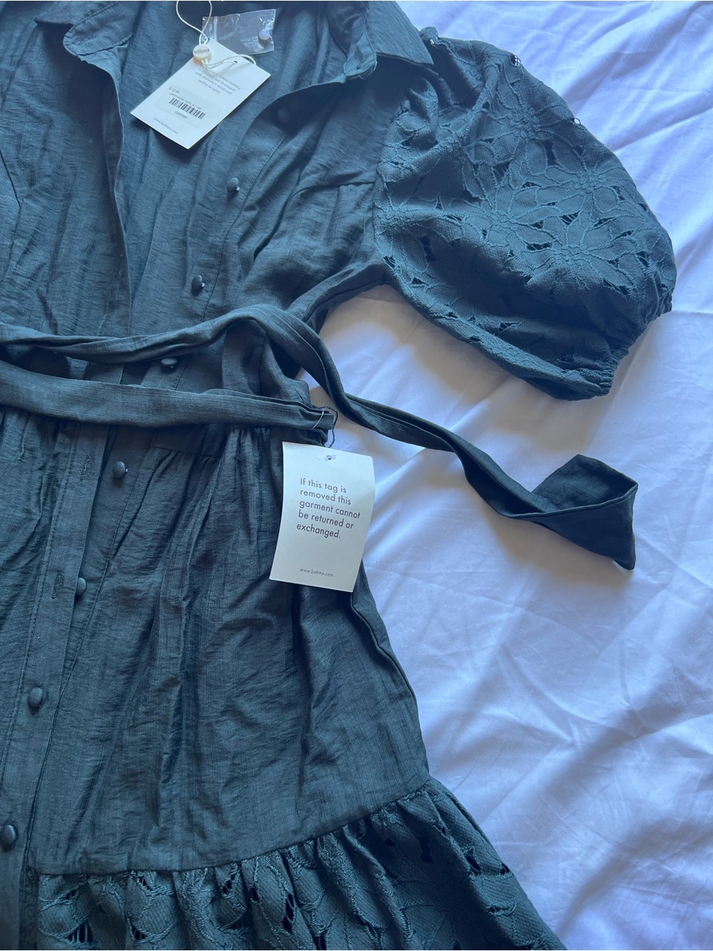bohme Dark Green Eyelet Button-Front Midi Dress with Tie Waist - Picture 5 of 6